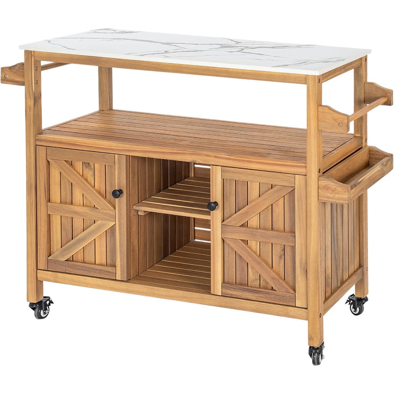 Acacia Wood Bar Cart, Marble‑Effect Top