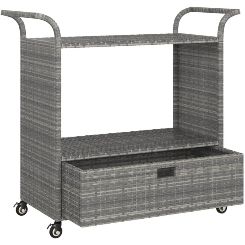 Gray Poly Rattan Rolling Outdoor Bar Cart with Drawer