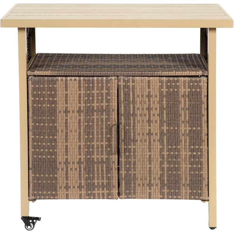 Beige Wicker Rolling Bar Cart, Glass Top
