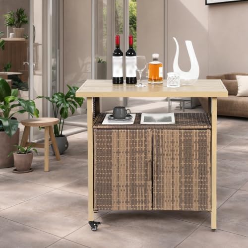 Beige Wicker Rolling Bar Cart, Glass Top