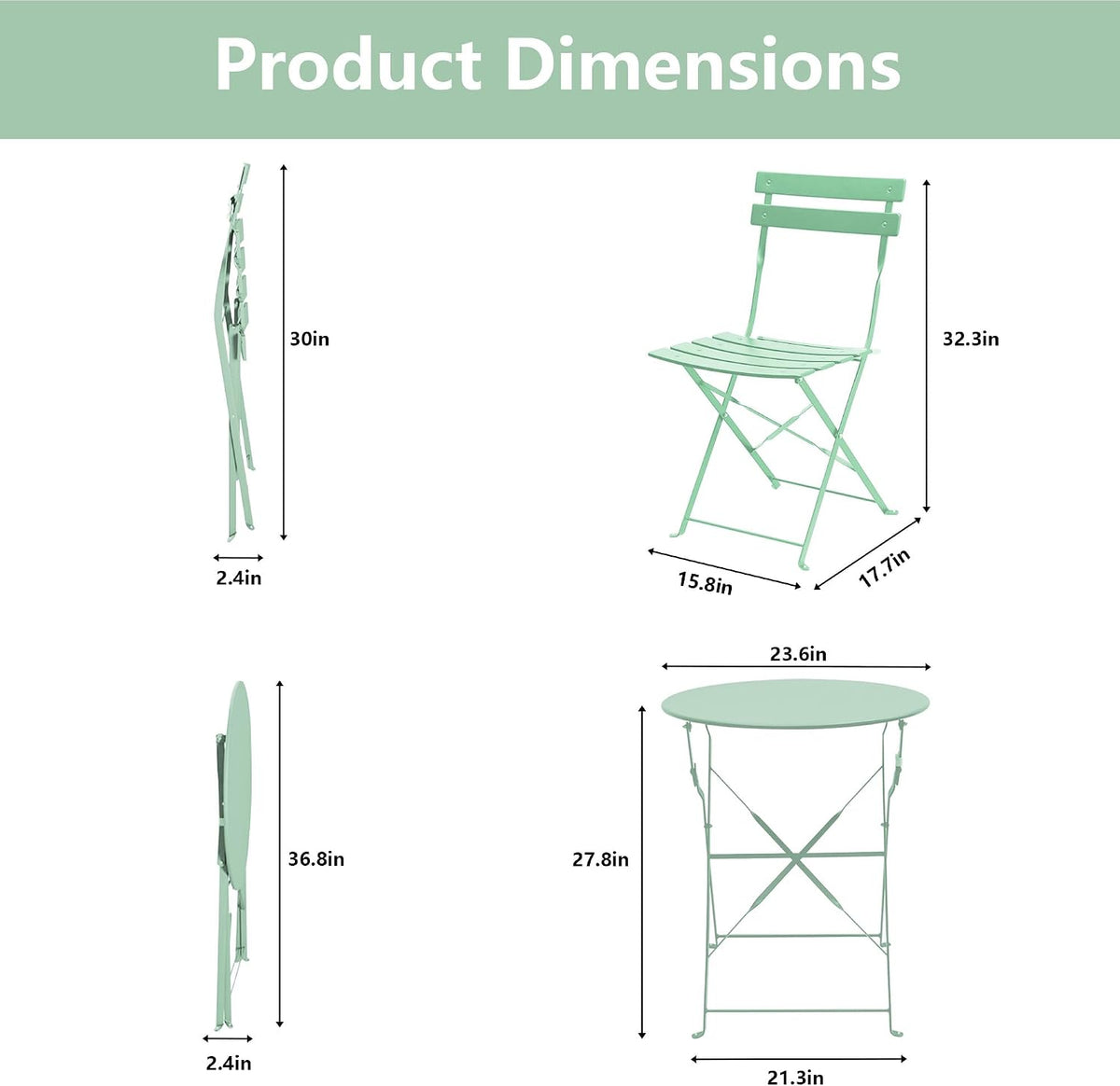 3‑Piece Folding Steel Bistro Set, Bean Green