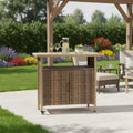 Beige Wicker Rolling Bar Cart, Glass Top