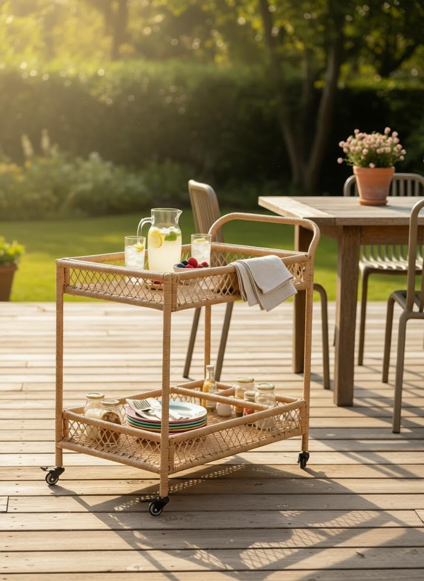 2‑Tier PE Wicker Bar Cart, Natural