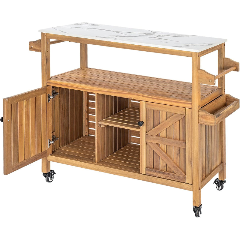 Acacia Wood Bar Cart, Marble‑Effect Top