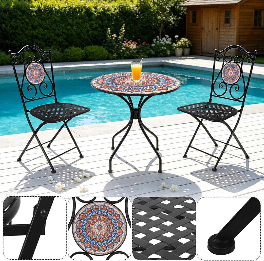 3‑Piece Mosaic Tile Folding Bistro Set