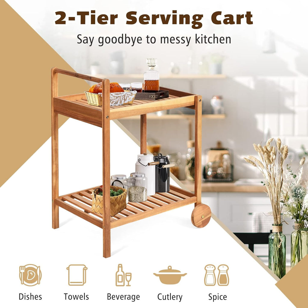 Solid Wood Rolling Serving Cart, Teak