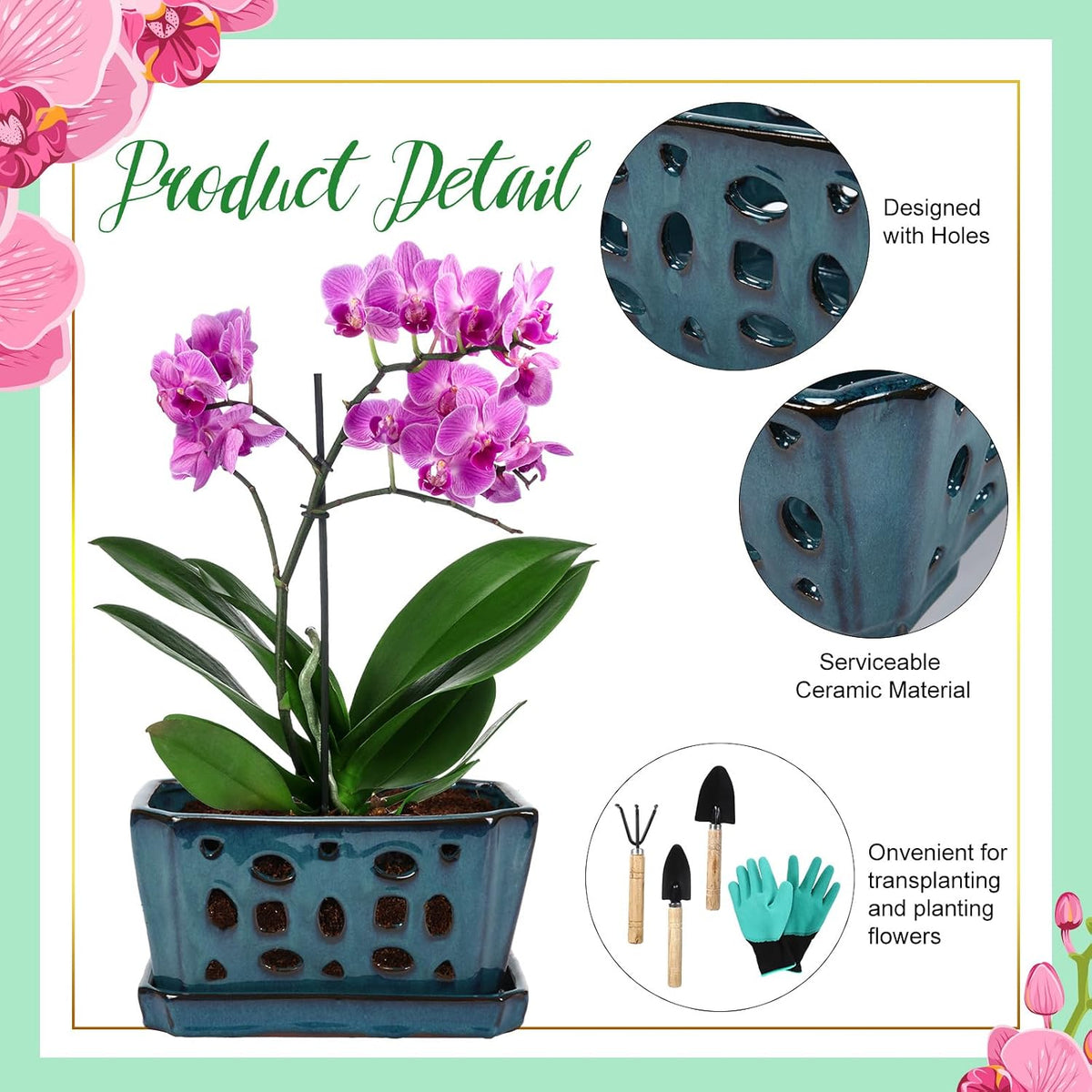 9.5" Blue Ceramic Orchid Pot with Saucer