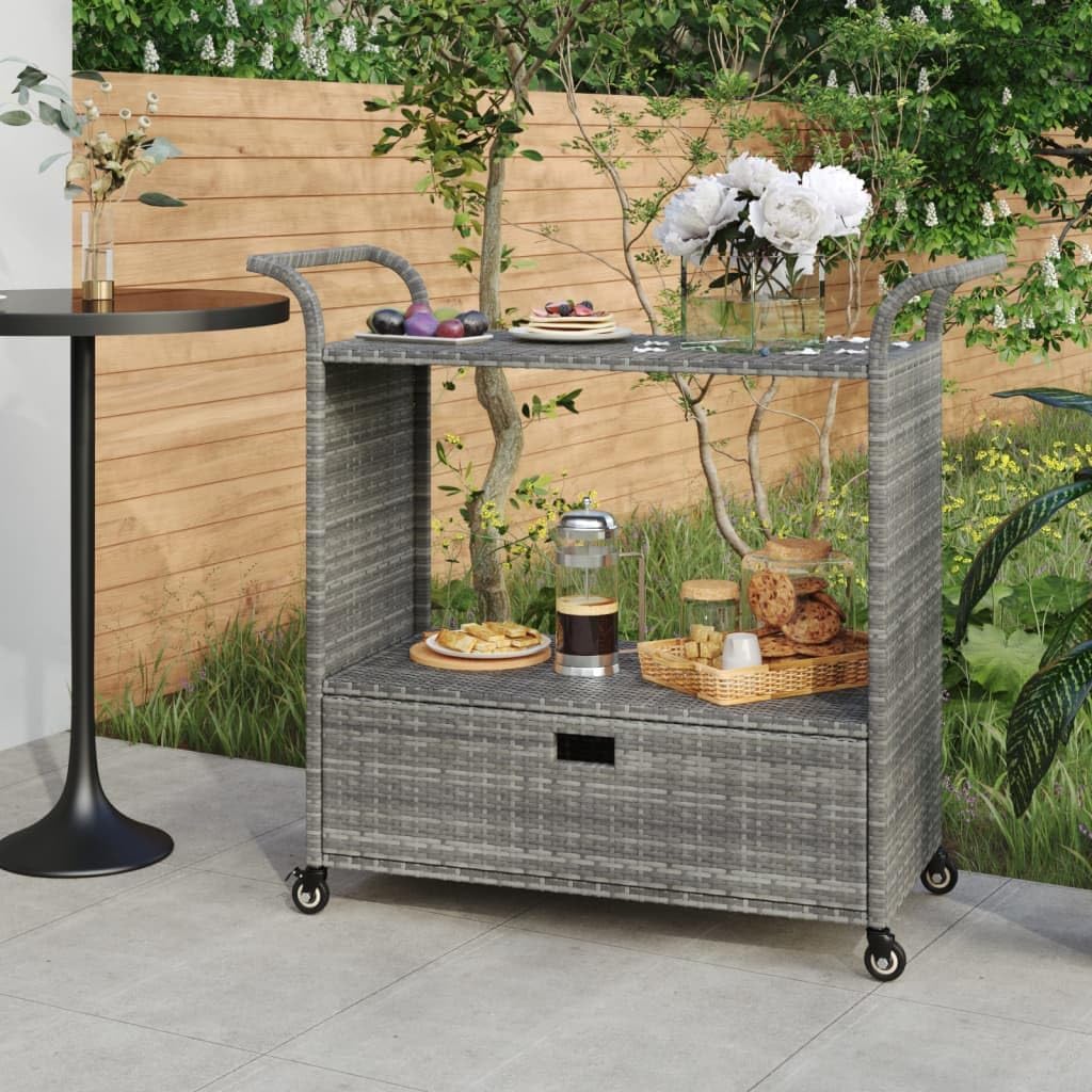 Gray Poly Rattan Rolling Outdoor Bar Cart with Drawer
