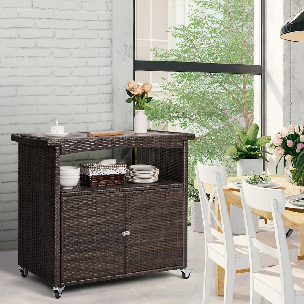 Brown Wicker Outdoor Storage Serving Cabinet Cart