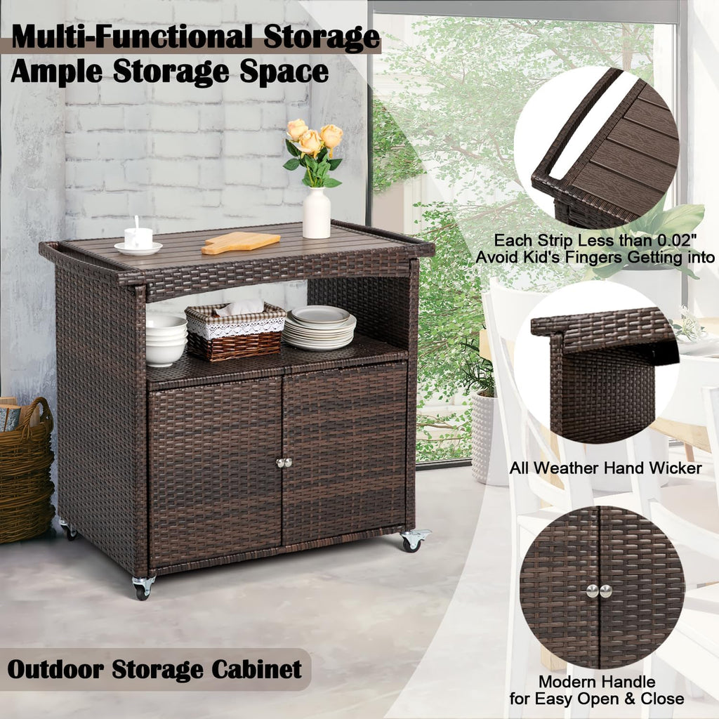 Brown Wicker Outdoor Storage Serving Cabinet Cart