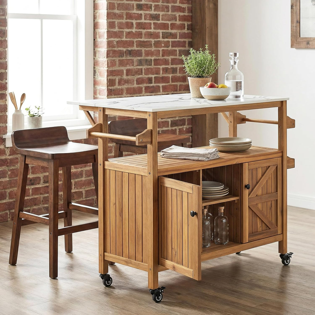 Acacia Wood Bar Cart, Marble‑Effect Top