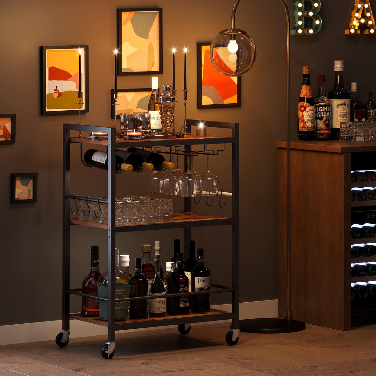 Rolling Bar Cart with Wine & Glass Holder