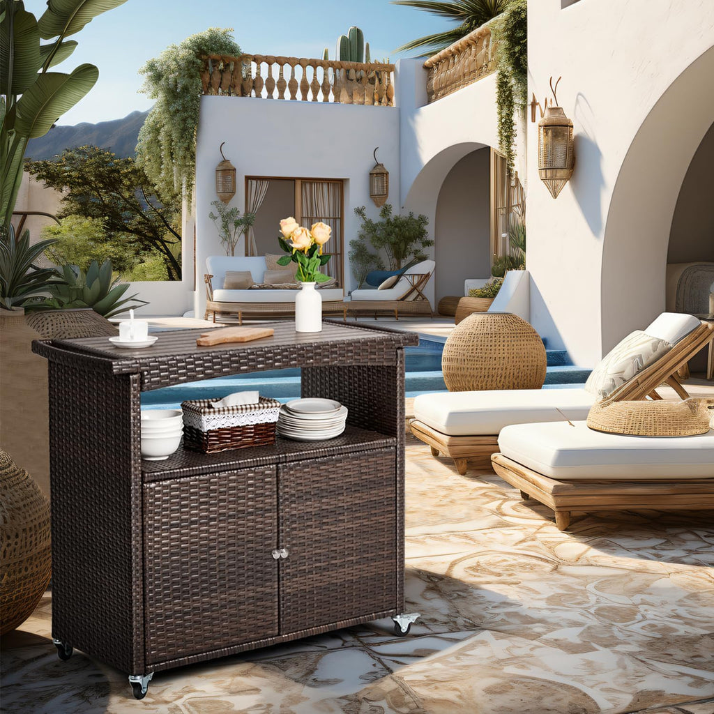 Brown Wicker Outdoor Storage Serving Cabinet Cart