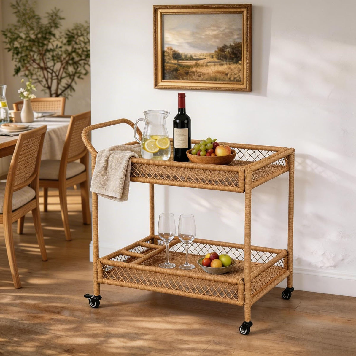 2‑Tier PE Wicker Bar Cart, Natural