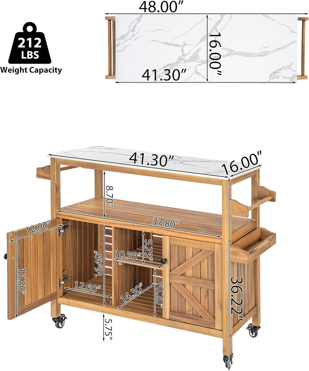 Acacia Wood Bar Cart, Marble‑Effect Top