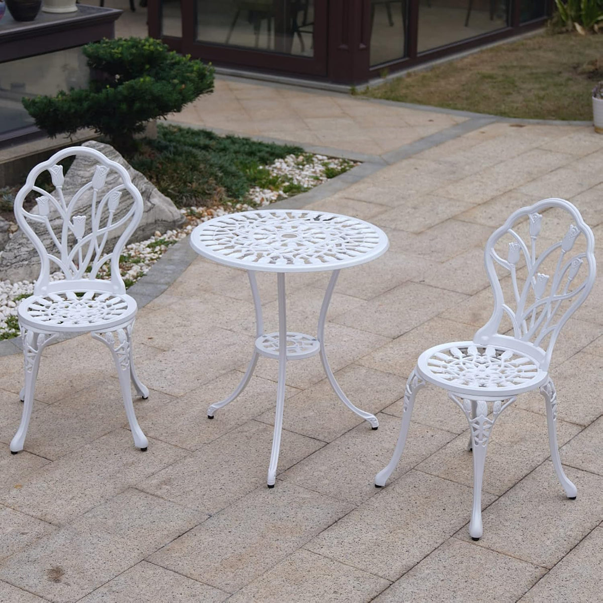 3‑Piece Cast Aluminum Bistro Set, White Tulips