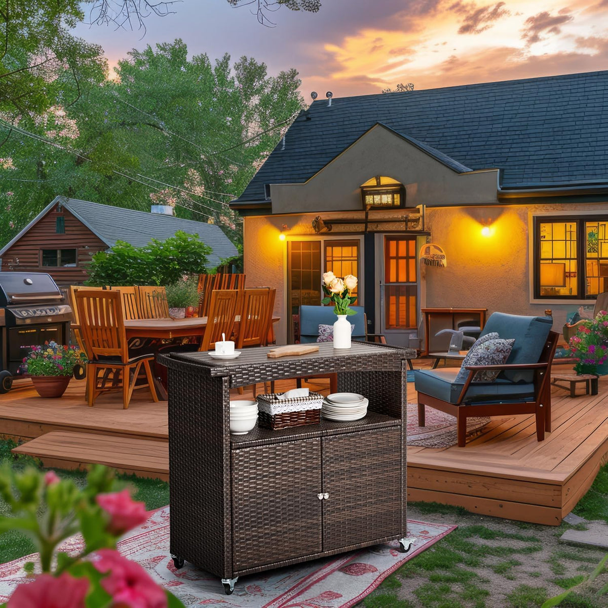 Brown Wicker Outdoor Storage Serving Cabinet Cart