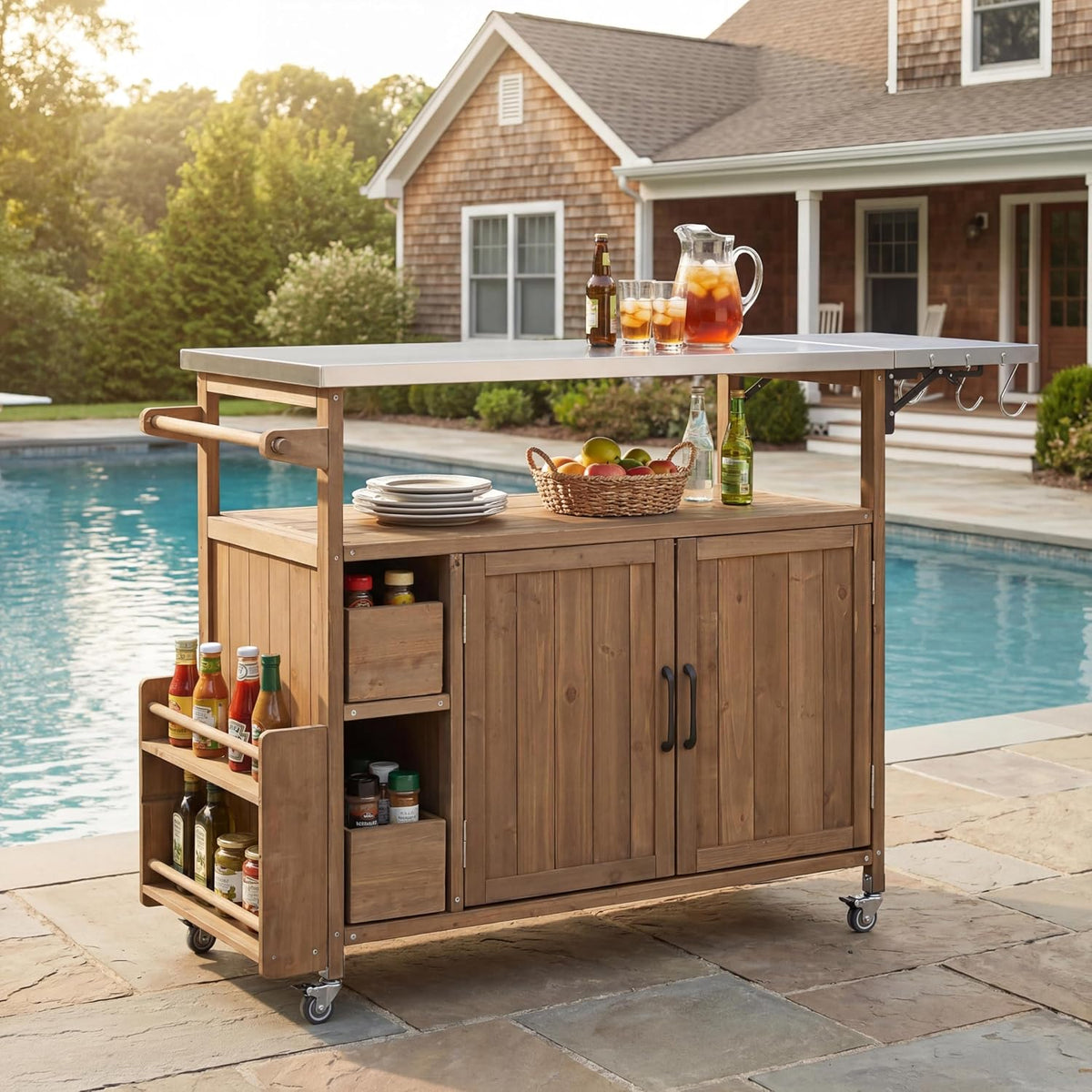 Knight Home Edsel Wood Bar Cart, Natural Brown & Silver