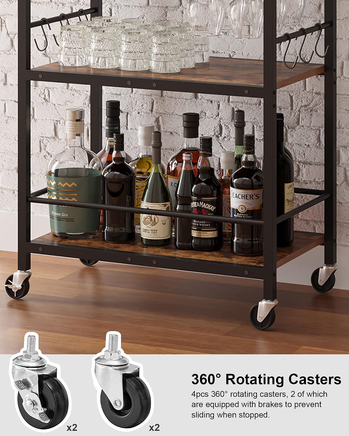 Rolling Bar Cart with Wine & Glass Holder