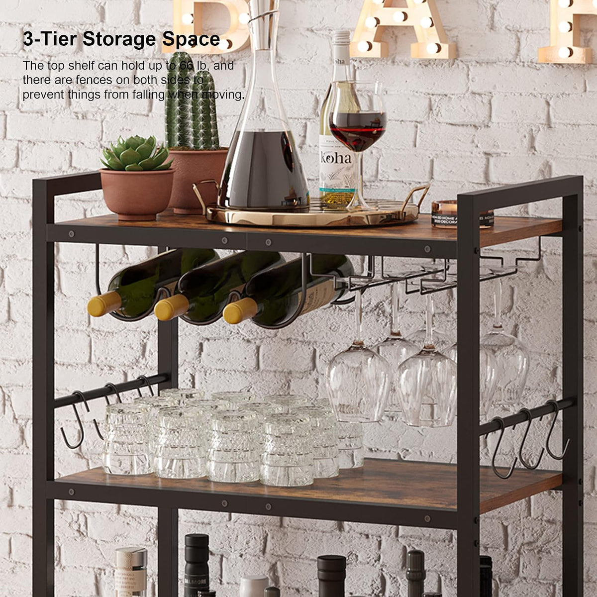 Rolling Bar Cart with Wine & Glass Holder