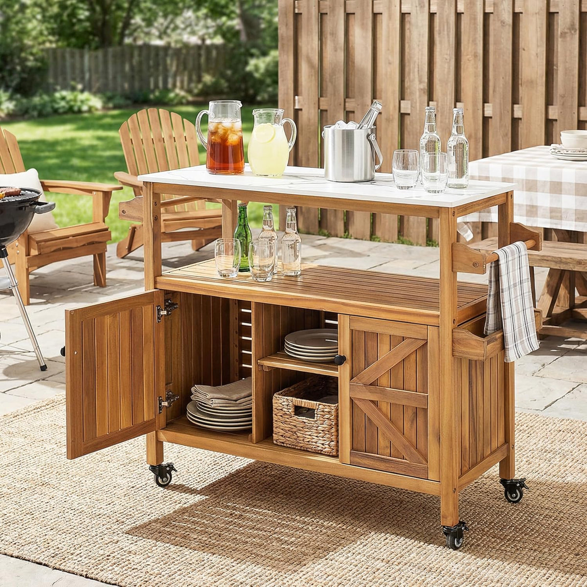 Acacia Wood Bar Cart, Marble‑Effect Top