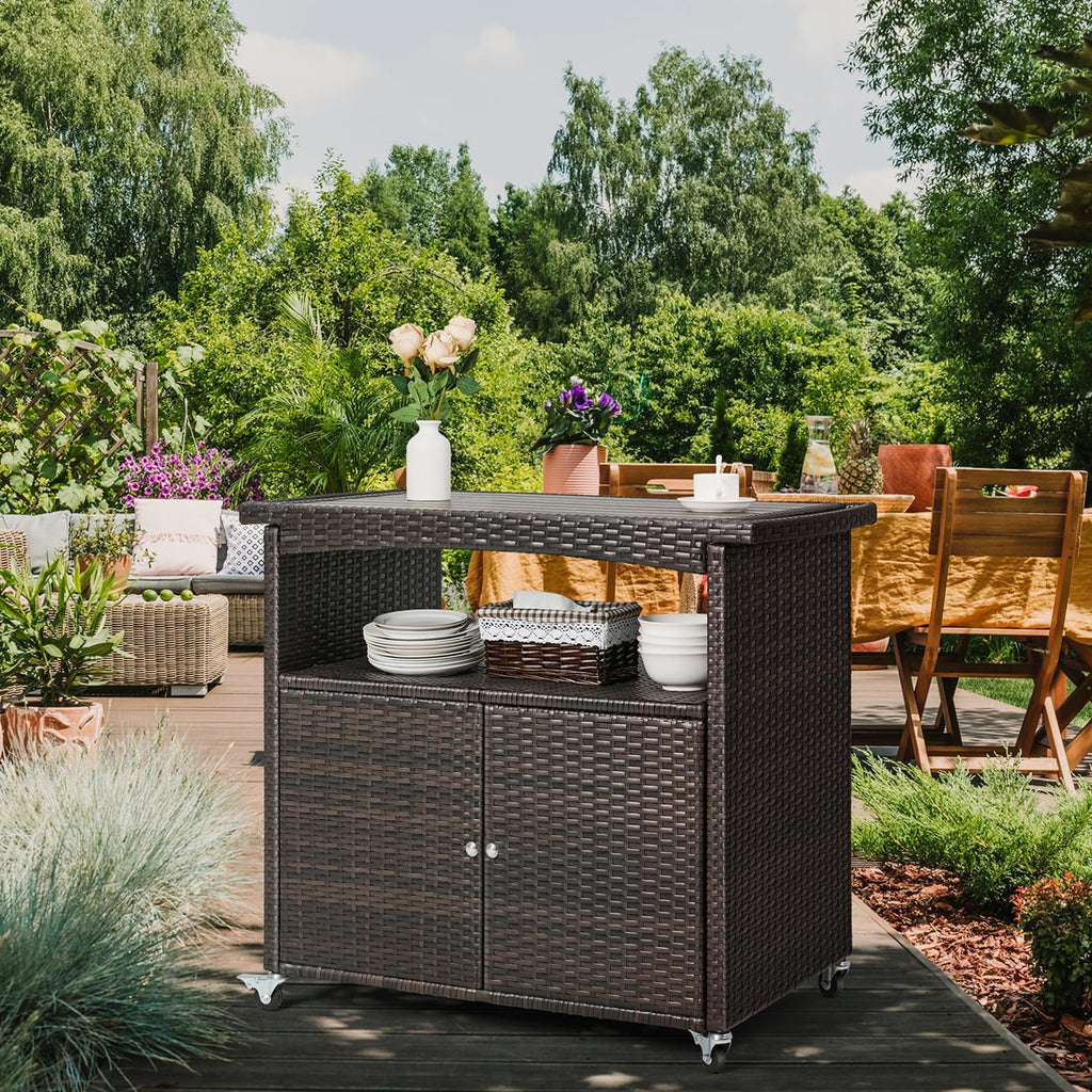 Brown Wicker Outdoor Storage Serving Cabinet Cart