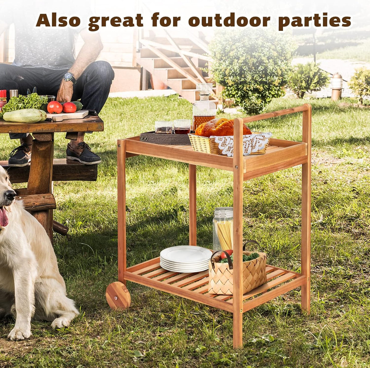 Solid Wood Rolling Serving Cart, Teak