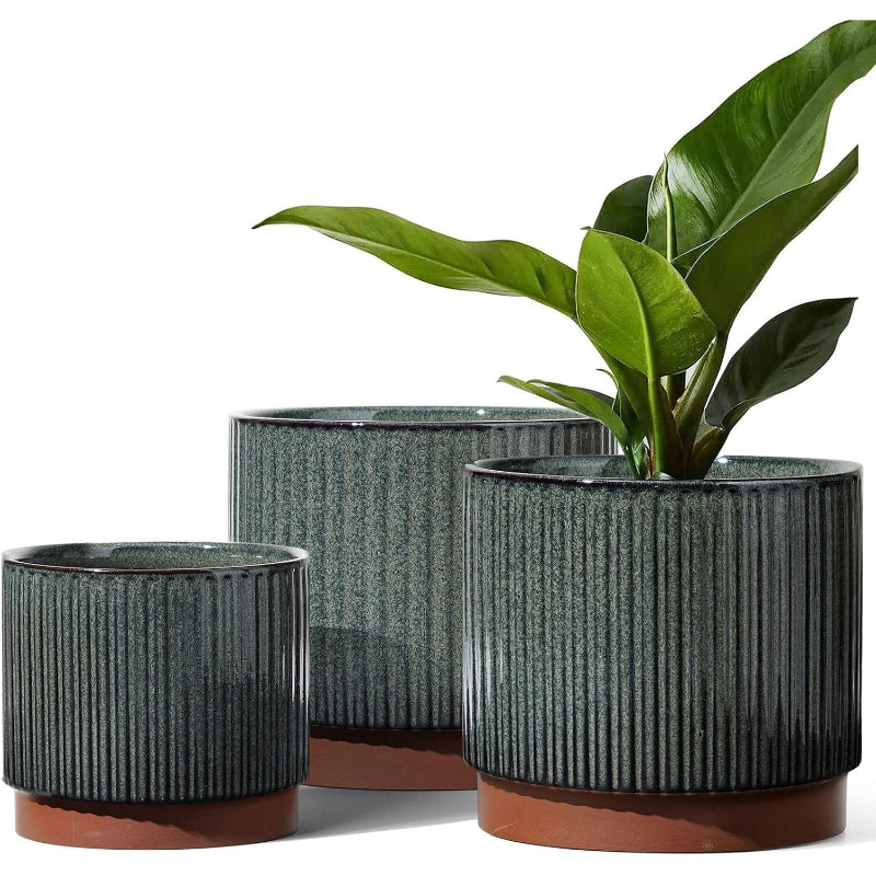 3‑Pack Black Reactive‑Glaze Stripe Ceramic Planter