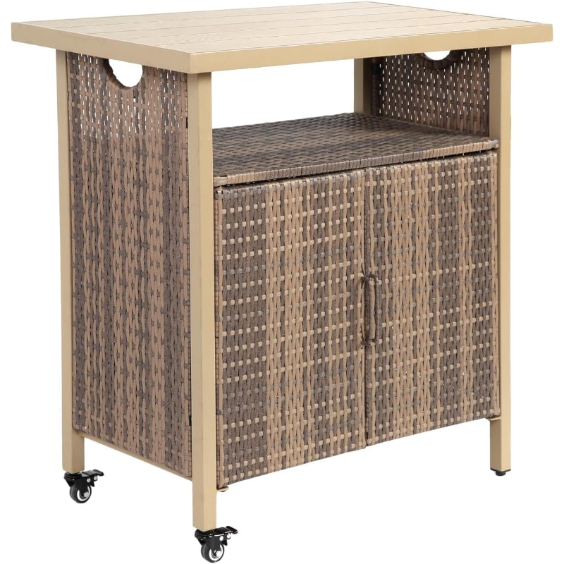 Beige Wicker Rolling Bar Cart, Glass Top