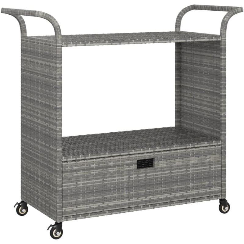Gray Poly Rattan Rolling Outdoor Bar Cart with Drawer