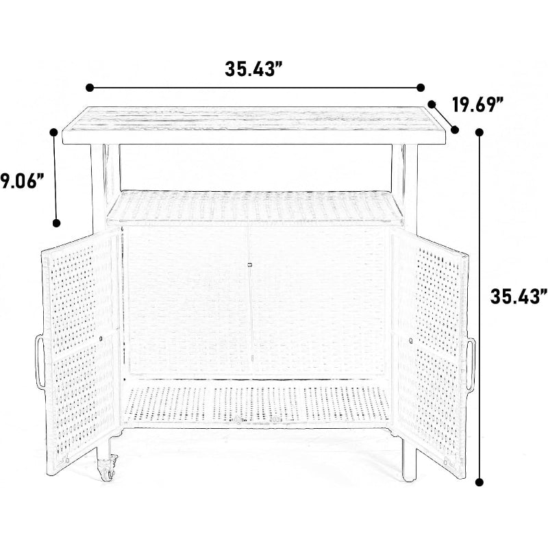 Beige Wicker Rolling Bar Cart, Glass Top